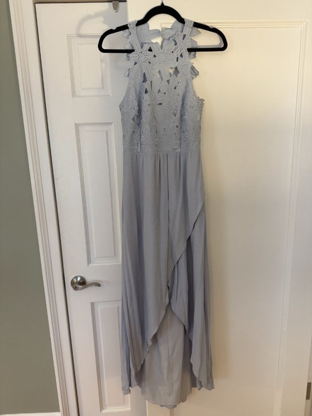 Dusty Blue Crochet Lace Halter Maxi Dress High-Low Wrap Skirt Open Back